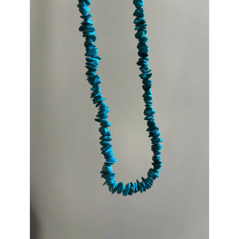 Vintage Turquoise Chip Nugget Necklace Blue Boho Desert Silver Artisan Earthy